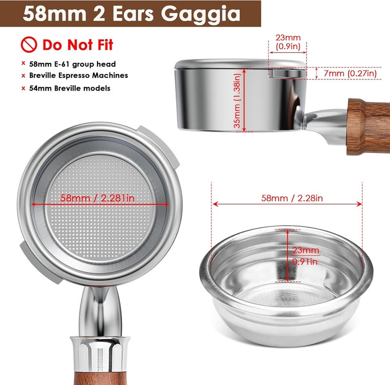 YMWVH 58mm Bottomless Portafilter, Professional Stainless Steel Portafilter 2 Ears for 58 Gaggia Machines- Not suitable with E61 groupheads,with Walnut Handle & Filter Basket - Image 2